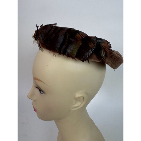 Vintage Feathered Fascinator Hat Brown & Beige Woven Design Womens Accessory Ele - Picture 9 of 14